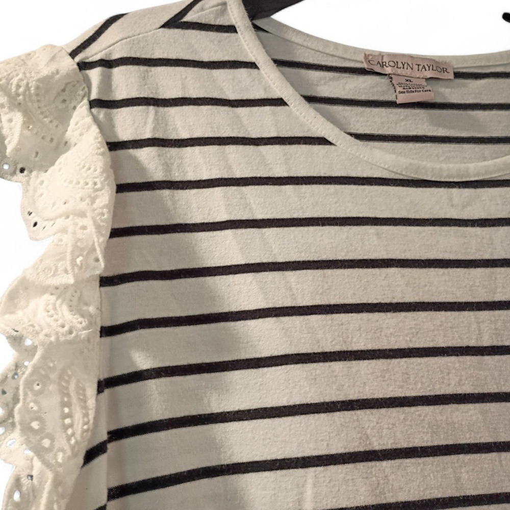 Carolyn Taylor Women's Ruffle Sleeve White And Black Striped Tank Top Size XL - Picture 3 of 6